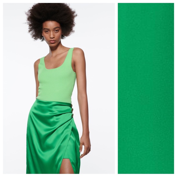 NWT. Zara Emerald Satin Effect Ruched Midi Skirt. Size S. - Picture 2 of 11